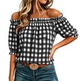 thumbnail image 1 of Setooff Womens Shirts, Gingham Off Shoulder Bubble Sleeve Shirts for Women, Elastic Ruffle Neck Loose Casual Summer Blouse, 1 of 7