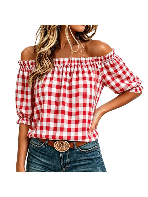 Womens Shirts, Gingham Off Shoulder Bubble Sleeve Shirts for Women, Elastic Ruffle Neck Loose Casual Summer Blouse