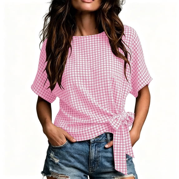 Setooff Womens Shirts, Plaid Gingham Print Crew Neck Side Knot Tie Short Sleeve Tops for Women Relaxed Tshirts Fashion Daily Summer Blouse