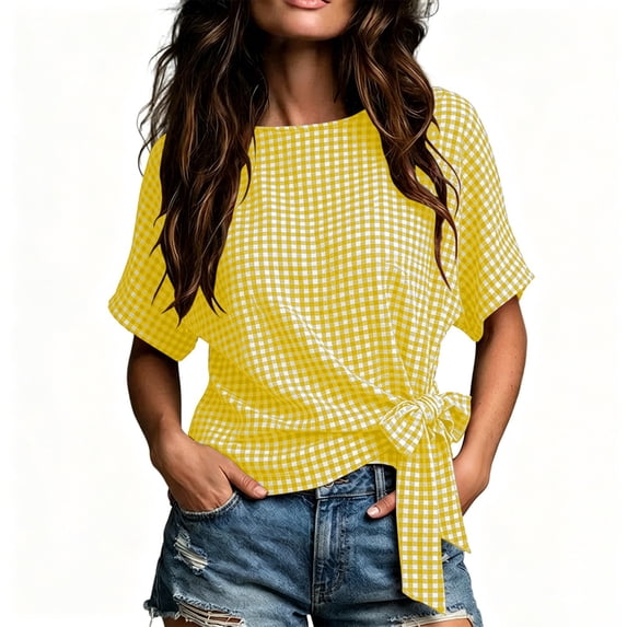 Setooff Womens Shirts, Plaid Gingham Print Crew Neck Side Knot Tie Short Sleeve Tops for Women Relaxed Tshirts Fashion Daily Summer Blouse