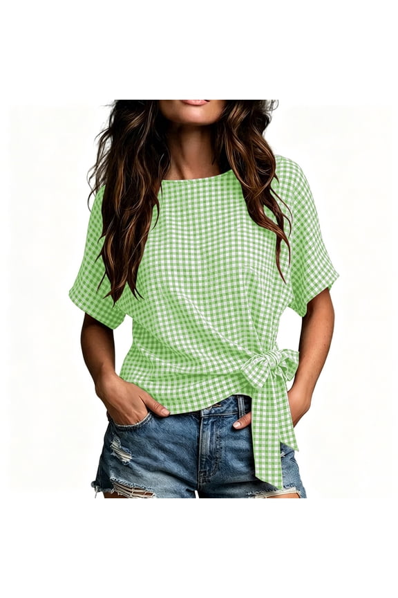 Womens Shirts, Plaid Gingham Print Crew Neck Side Knot Tie Short Sleeve Tops for Women Relaxed Tshirts Fashion Daily Summer Blouse