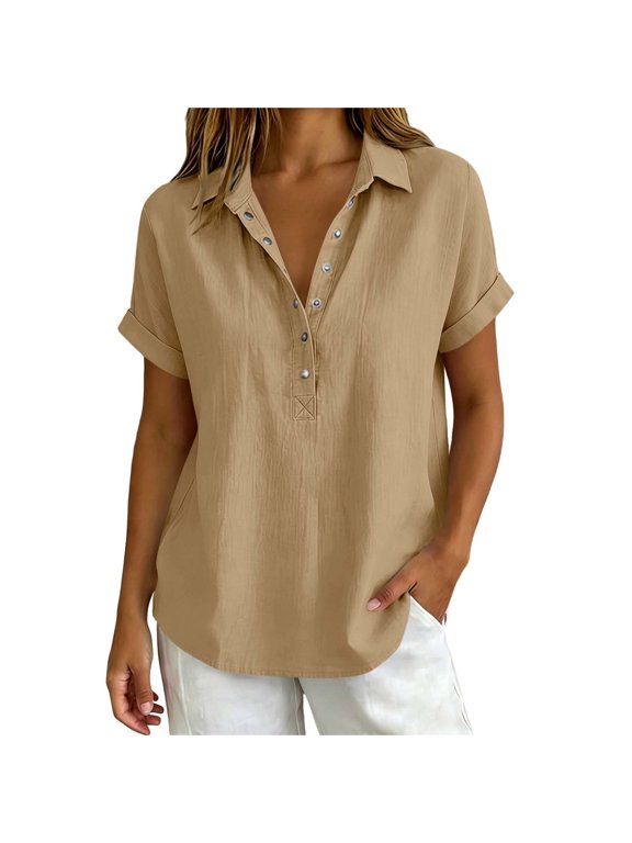 Womens Shirts, Solid Washed Crinkle Lapel Collar Half Snap V Neck Roll Cuff Short Sleeve Tops for Women Relaxed Oversized Tshirts Casual Summer Blouse