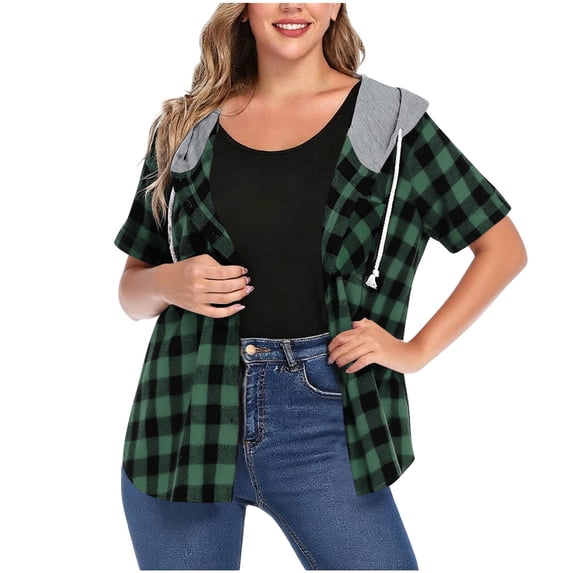 Setooff Womens Short Sleeve Tops, Hooded Buffalo Plaid Open Shirt, Pocket Loose Plus Size Blouses Casual Outerwear