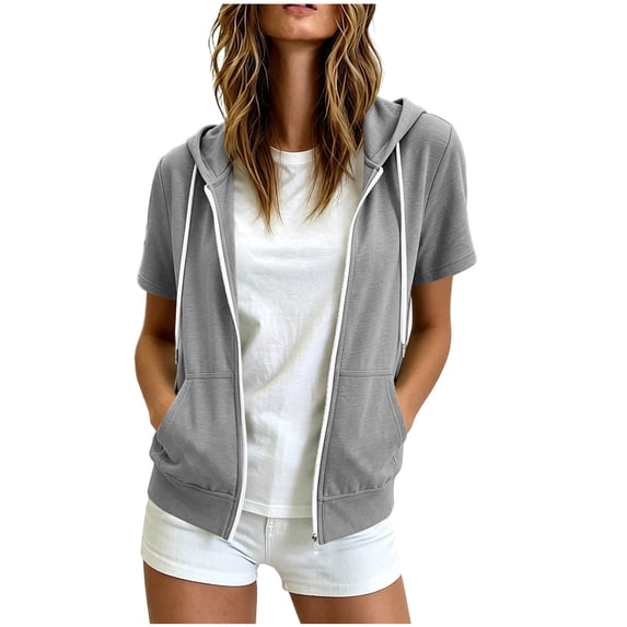 Setooff Zip Up Hooded Shirts for Women, Short Sleeve Open Front Jacket, Loose Plus Size Casual Summer Blouse for Women