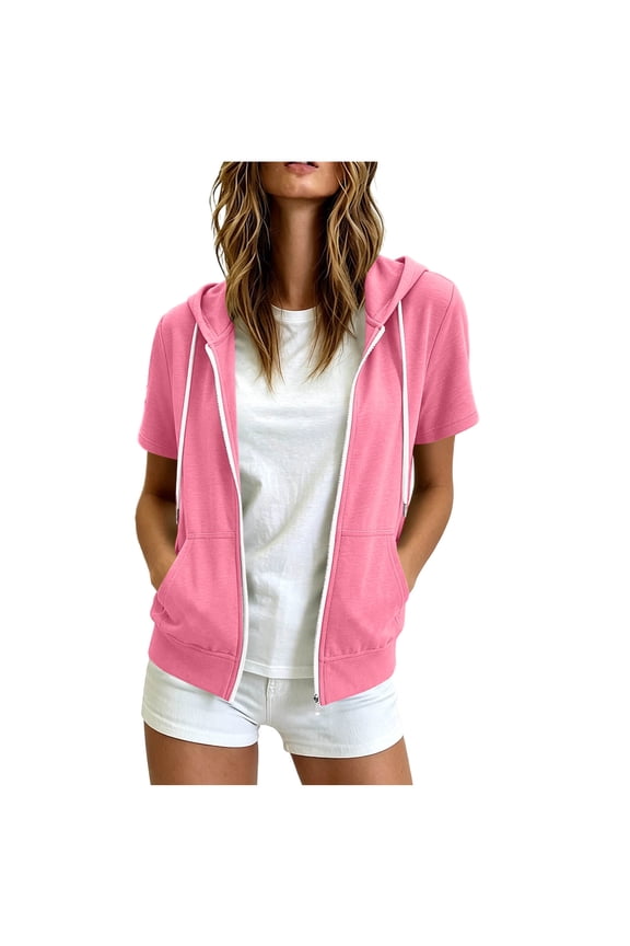 Zip Up Hooded Shirts for Women, Short Sleeve Open Front Jacket, Loose Plus Size Casual Summer Blouse for Women