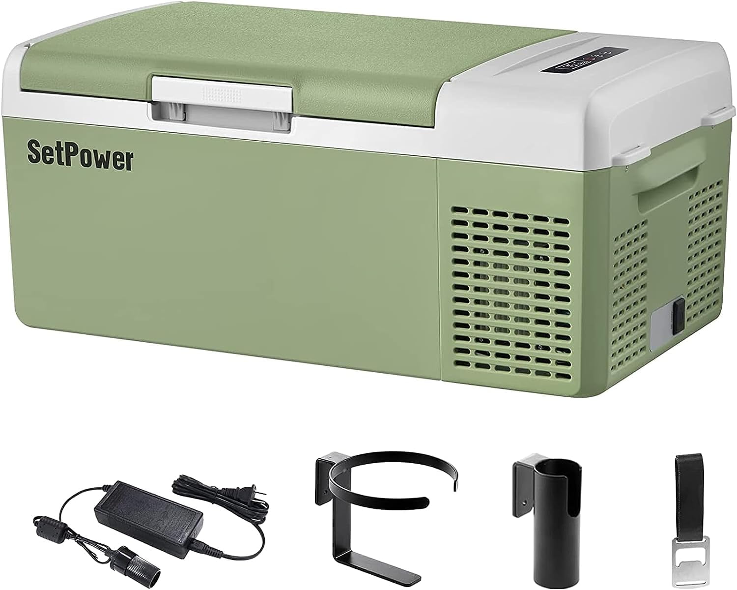 Setpower FC15 12V Portable Refrigerator with AC Adapter, 15.8 Quart Car Freezer Fridge for Camping, Fast Cooling, -4℉-68℉, 3-Year Warranty, Car, RV, Truck, Home and Outdoor Use, DC & AC, Green