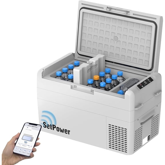 Setpower Car Refrigerator 50 Hours Backup Cooling 27 Quart 12 volt Fridge Portable Car Freezer 12V Coolers for Vehicles Electric Cooler for Car Camping Truck Van RV SUV Road Trip Travel (RF25 Grey)