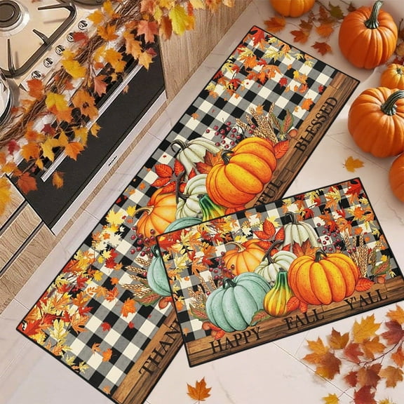 Sets of 2 Fall Kitchen Rugs and Mats, Fall Kitchen Rug Non Slip Pumpkin Maple Leaf Pumpkin Farmhouse Mats for Floor Door Home Bathroom Cabin Decor, 16 x 24 inch and 16 x 48 inch (A)