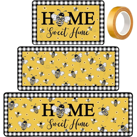 Sets of 3 Christmas Bee Kitchen Rugs and Mats Set Honey Bee Kitchen Rugs Non Slip Yellow Washable Door Mats for Floor Home Bathroom Cabin Farmhouse Christmas Xmas Decor, 3 Sizes