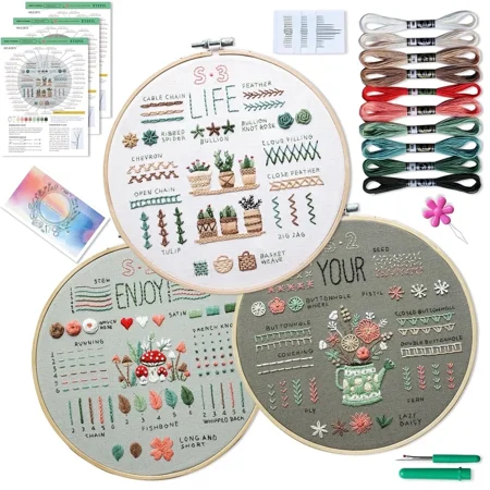 Sets of 3 Embroidery Kit for Beginners, Easy to Learn 33 Different Stitches DIY Kits, Includes Stamped Flower Pattern, Tools, Hoop, Color Threads Ideal Gift for Festivals & Birthdays