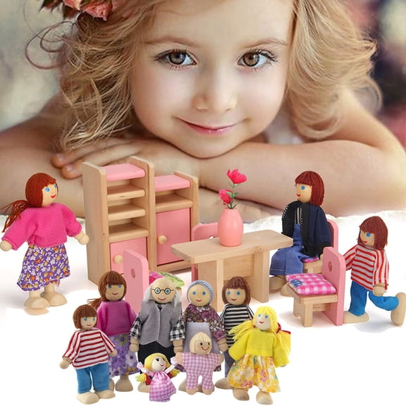 Sets of 8 People Wooden Dolls House Family Doll Toys, Lovely Happy Family Playset, DollHouse Accessories, Wooden DollHouse Dolls People Playset for Doll House One Size