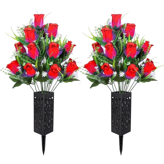 Sets Artificial Cemetery Flowers, Grave Decoration for Headstones Lasting and Non-Bleed Colors,Accompanied by Long Nail Vases (8 Head Flowers, red)