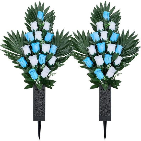 Sets of Artificial Cemetery Flowers, Outdoor Grave Decorations Roses Memorial Flowers, Accompanied by Long Nail Vases, Suitable for Cemetery and Home Decoration. (Blue+White)