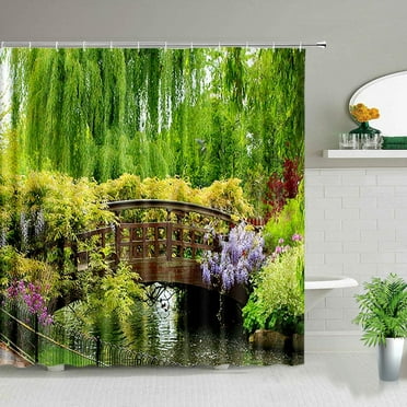 Sets Curtain Bath Waterproof Decor Bathroom Home Landscape Garden Bridge Arch Plant Green Flowers Curtains Shower Scenery Spring