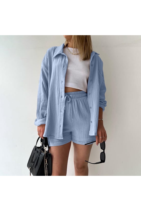 Sets For Women 2 Piece Shorts Long Sleeve Shirts Drawstring Shorts Summer Beach Outfits Lounge Tracksuits Light Blue XL