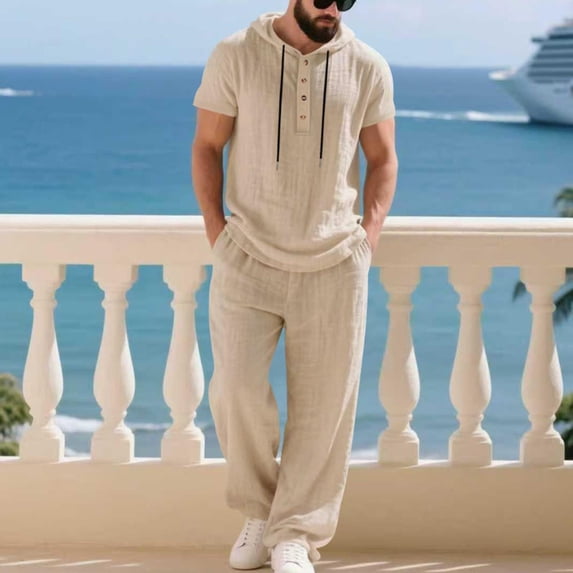 Sets for Men Clothing 2 Piece Solid Color Cotton Linen Short Sleeve Hooded Button Shirt and Drawstring Waist Cargo Pants, Beach and Vacation Set Khaki XL