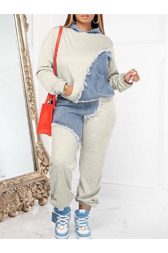 Sets Outifits 2022 Autumn Denim Patch Pocket Design Hoodie & Pants Set Of Two Fashion Casual Pieces For Women Tracksuits Elegant