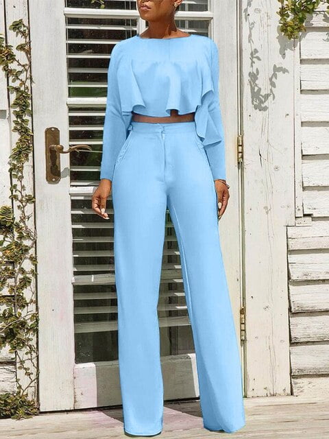 NAVY BLUE RUFFLE PANTS & CROP TOP SET – Estie Couture