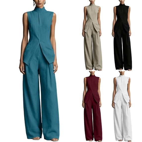 Sets Summer Outfits Sleeveless Crop Tops Women Solid Color Stand Collar Sleeveless Shirt Tops Wide-Leg Pants Suit Black L