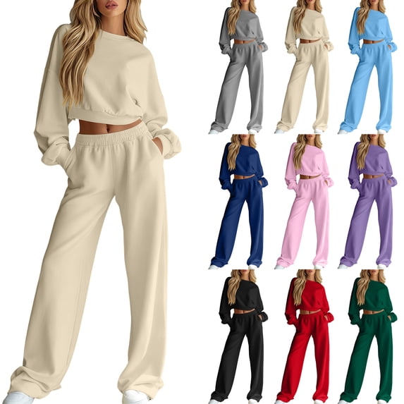 Sets for Women 2 Piece Outfit,Cropped Crew Neck Sweatshirt and High Waist Wide Leg Pants with Pockets,Solid Color Casual,Fall Tracksuit,Spring Casual Outfits