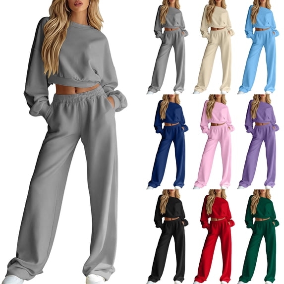Sets for Women 2 Piece Outfit,Cropped Crew Neck Sweatshirt and High Waist Wide Leg Pants with Pockets,Solid Color Casual,Fall Tracksuit,Spring Casual Outfits