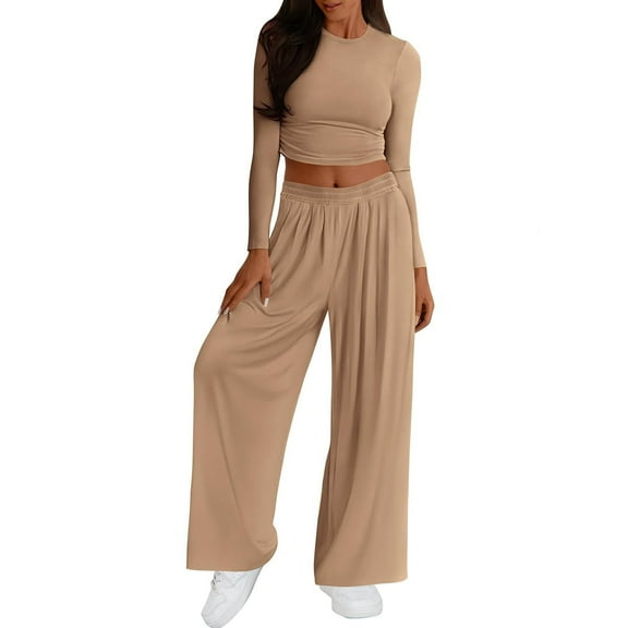 Sets For Women 2 Piece Outfits Casual Long Sleeve Crop Top Elastic Waist Wide Leg Pants Sweatsuit Tracksuit Pin Striped Suit for Women Graduation Outfit Women Jumpsuit Sweater Pants Set for Women