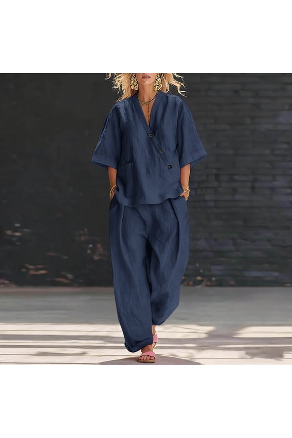 Sets for Women Clothing 2 Piece Summer, V - Neck Short Sleeve Wrap - Front Top with Button Detail and Elastic Waist Wide - Leg Pants Set, Casual Comfortable Outfit for Daily Errands Navy M