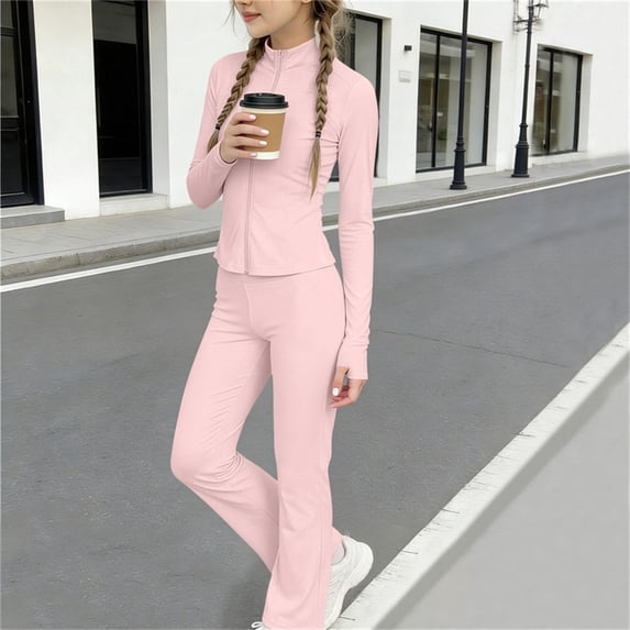 Sets for Girls Solid Color Full Zip Long Sleeve Top and Yoga Pants, Breathable Athletic Wear for Sports and Exercise 3-15 Years Pink 13-14Years