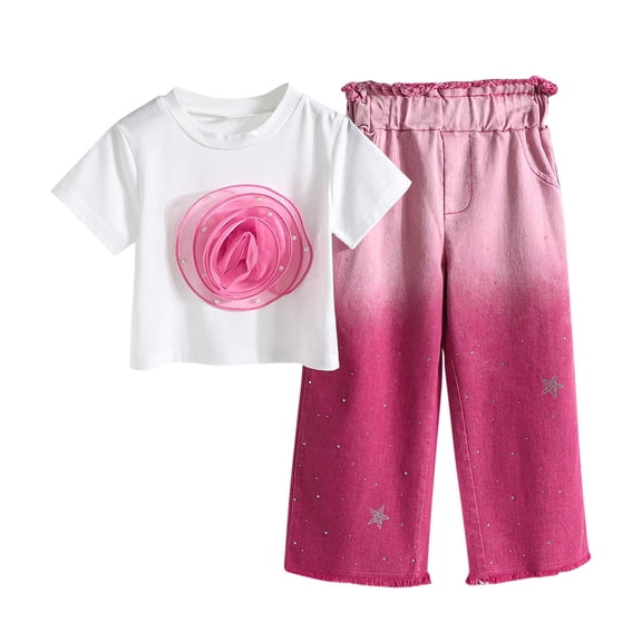 Sets for Girls Three-Dimensional Gradient Pullover T Shirts and Wide Leg Denim Pants Girls Outfits Size 2-9