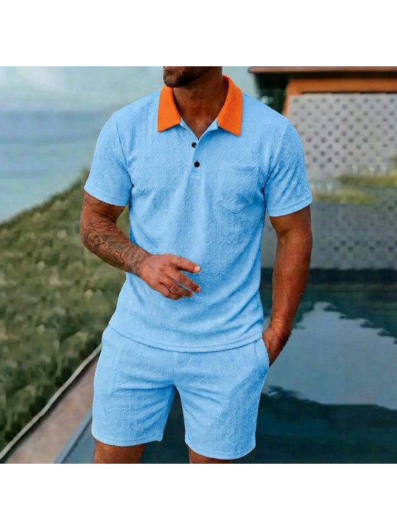 Sets for Men Clothing 2 Piece Contrast Color Short Sleeve Button Collar Top with Pocket and Elastic Waist Shorts, Trendy Casual Outfit Sky Blue S