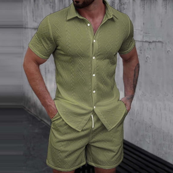 Sets for Men Clothing 2 Piece Solid Color Jacquard Short Sleeve Button Collar Top and Drawstring Waist Shorts, Elevated Weekend Set Green XL