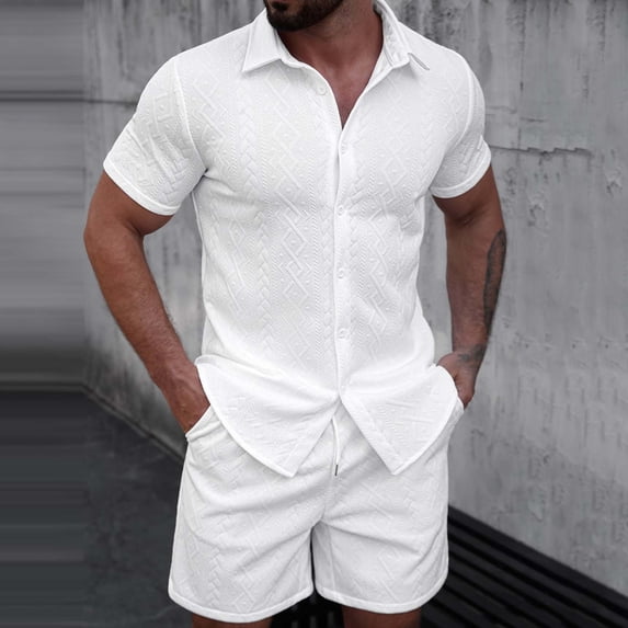 Sets for Men Clothing 2 Piece Solid Color Jacquard Short Sleeve Button Collar Top and Drawstring Waist Shorts, Elevated Weekend Set White L