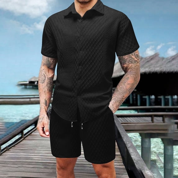 Sets for Men Clothing 2 Piece Striped and Checkered V-Neck Short Sleeve Top and Shorts, Patterned Casual Set Black S