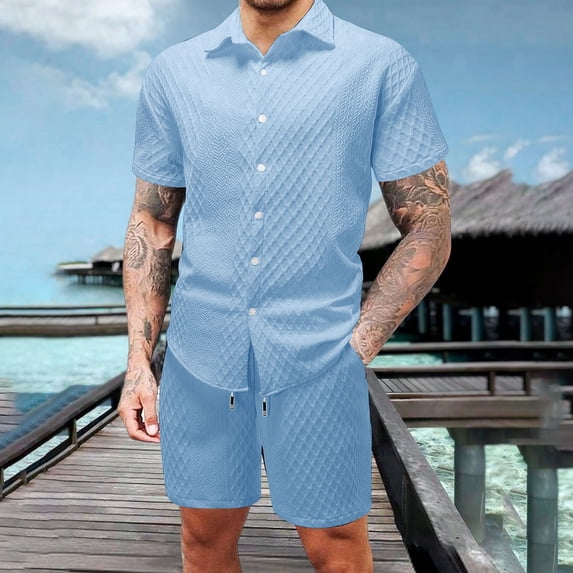 Sets for Men Clothing 2 Piece Striped and Checkered V-Neck Short Sleeve Top and Shorts, Patterned Casual Set Light Blue XL
