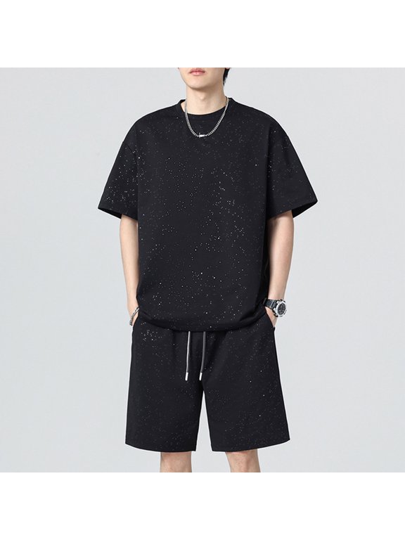 Sets for Men Clothing Fashion Short Sleeve Summer Set, Cooling Lightweight Top and Pants for Leisure Black XXXL