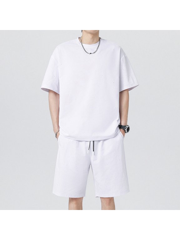 Sets for Men Clothing Fashion Short Sleeve Summer Set, Cooling Lightweight Top and Pants for Leisure White XXXL