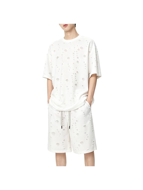 Sets for Men Clothing Soft Short Sleeve Loungewear Set, Cooling and Smooth for Relaxation White XXL
