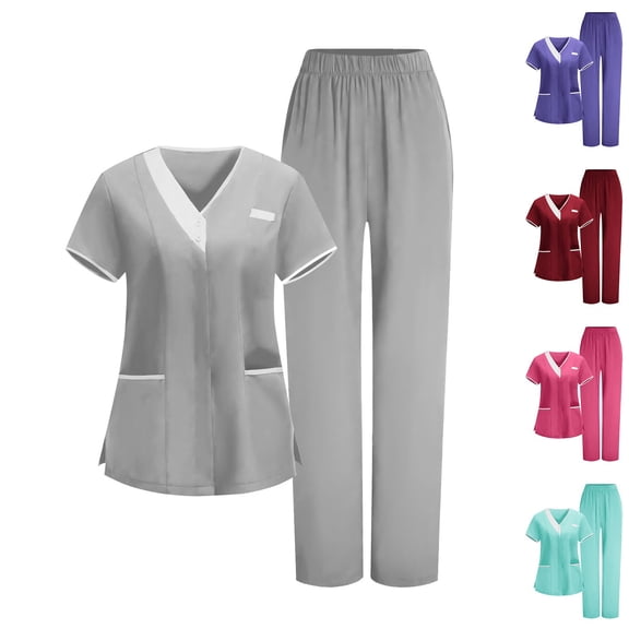 Sets for Woman Solid Solid Loose Drawstring Pants Pocket Caregiver Short Sleeve V-Neck Blouses Nursing Uniform Set