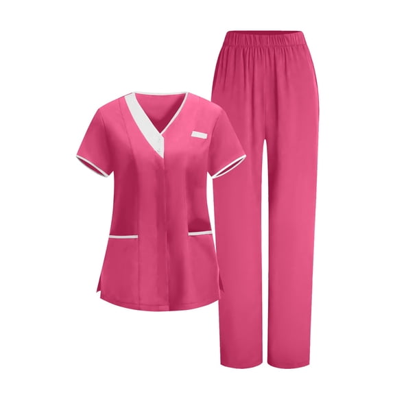 Sets for Woman Solid Solid Loose Drawstring Pants Pocket Caregiver Short Sleeve V-Neck Blouses Nursing Uniform Set