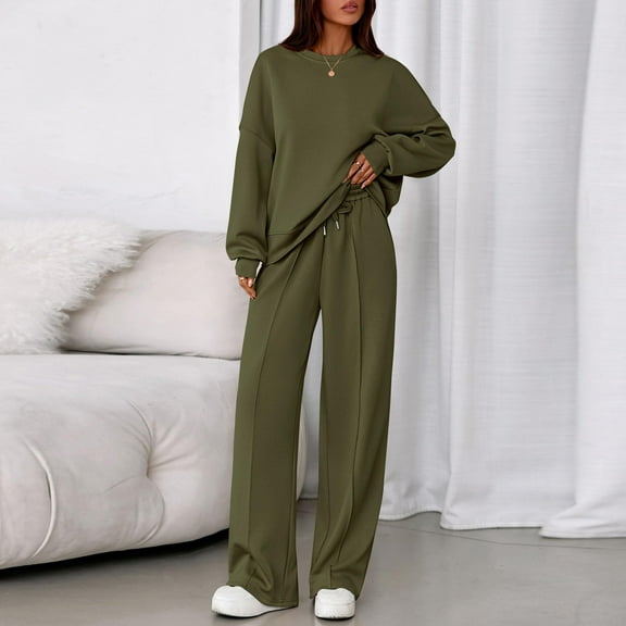Sets for Women 2 Piece Lounge Sets Long Sleeve Sweatshirt and Pants Cozy Loungewear with Pockets Army Green M