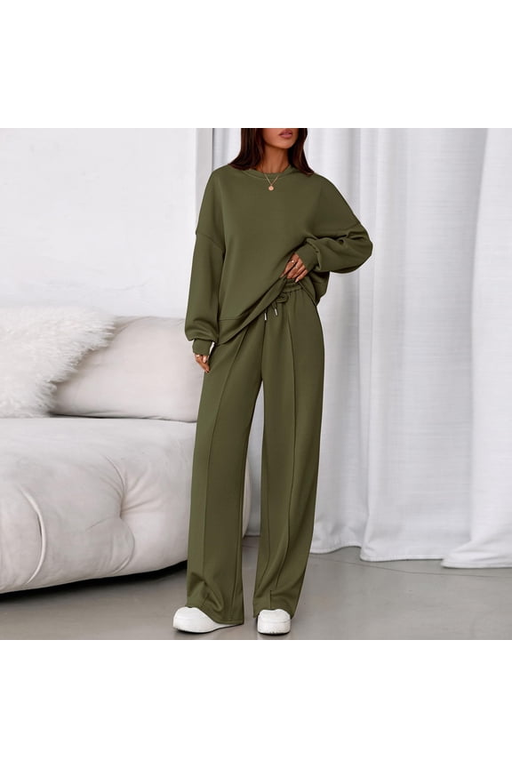 Sets for Women 2 Piece Lounge Sets Long Sleeve Sweatshirt and Pants Cozy Loungewear with Pockets Army Green S