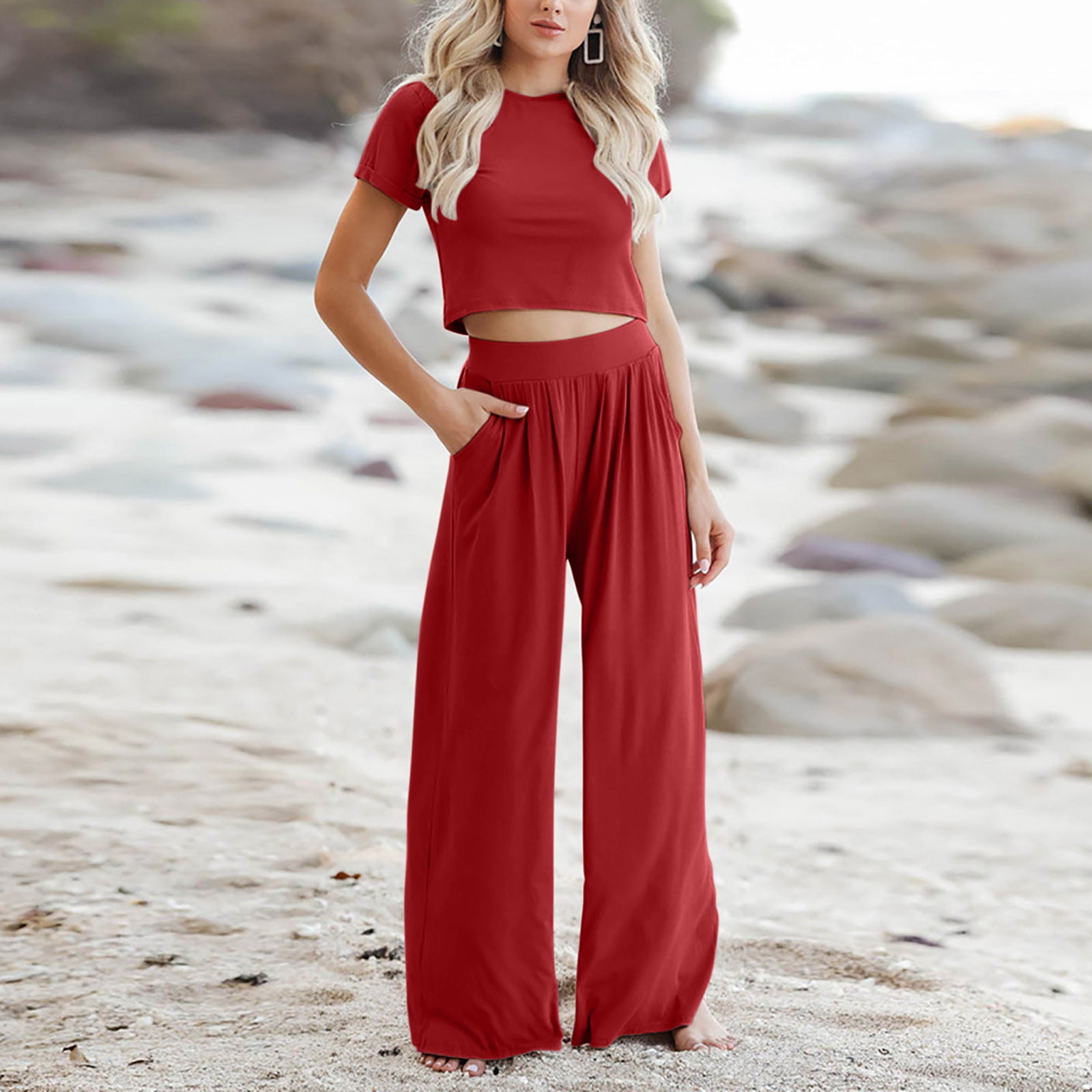 Sets for Women 2023 Summer 2 Piece Sexy Outfits Slim Fit Short Sleeve Crop  Top High Waist Wide Leg Palazzo Pants 