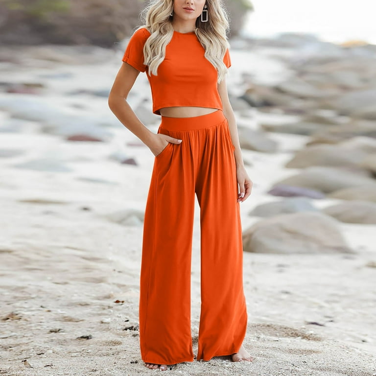 Sets for Women 2023 Summer 2 Piece Sexy Outfits Slim Fit Short Sleeve Crop  Top High Waist Wide Leg Palazzo Pants