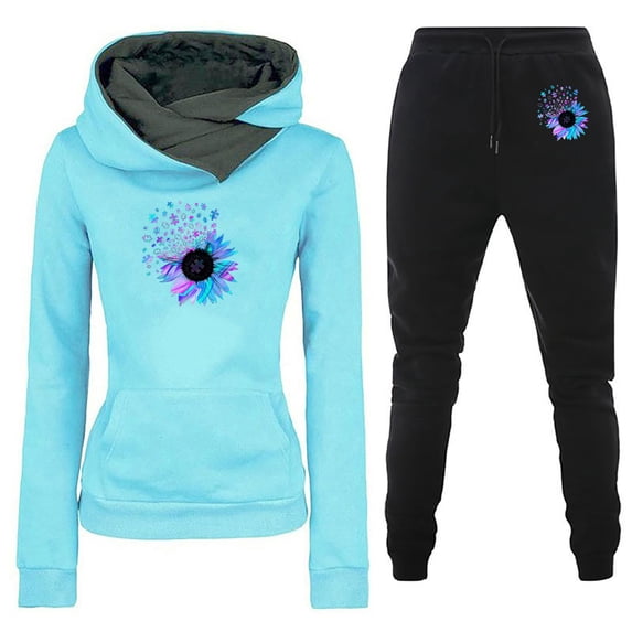 Sets for Women Clothing Two Piece Long Sleeve Hooded Tops Pants Jogger Hoodie Sweatsuit Casual Graphic Sweatshirt Sweatpant Suit (Sky Blue L)