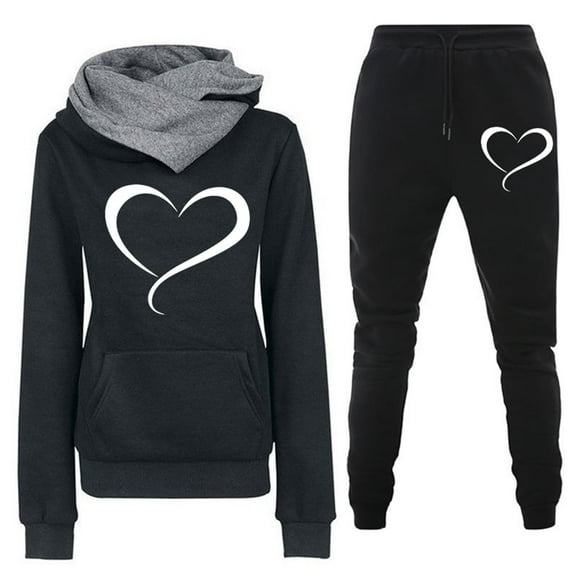 Sets for Women Clothing Two Piece Long Sleeve Hooded Tops Pants Jogger Hoodie Sweatsuit Casual Heart Print Sweatshirt Sweatpant Suit (Black S）