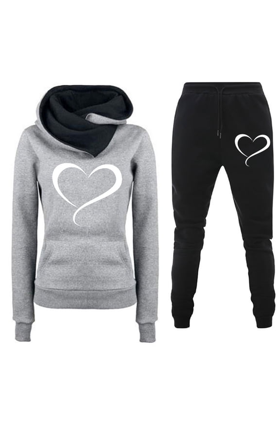 Sets for Women Clothing Two Piece Long Sleeve Hooded Tops Pants Jogger Hoodie Sweatsuit Casual Heart Print Sweatshirt Sweatpant Suit (Gray L)