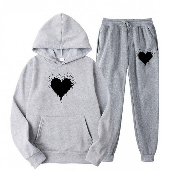 Sets for Women Clothing Two Piece Long Sleeve Hoodies Tops Pants Jogger Sweatsuit Casual Heart Graphic Hooded Oversized Sweatshirt (Gray L)