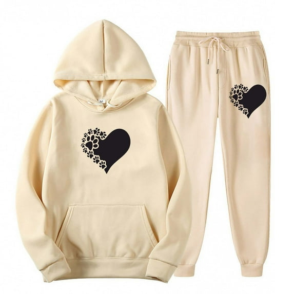 Sets for Women Clothing Two Piece Long Sleeve Hoodies Tops Pants Jogger Sweatsuit Casual Heart Graphic Hooded Oversized Sweatshirt (Khaki XL)