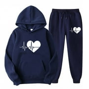 CHARELLA Sets for Women Clothing Two Piece Long Sleeve Hoodies Tops Pants Jogger Sweatsuit Casual Heart Graphic Hooded Oversized Sweatshirt (Navy L)