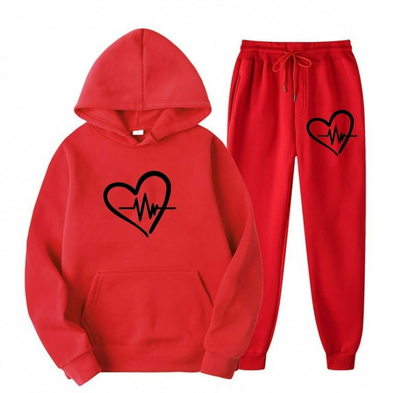 Sets for Women Clothing Two Piece Long Sleeve Hoodies Tops Pants Jogger Sweatsuit Casual Heart Graphic Hooded Oversized Sweatshirt (Red 3XL)